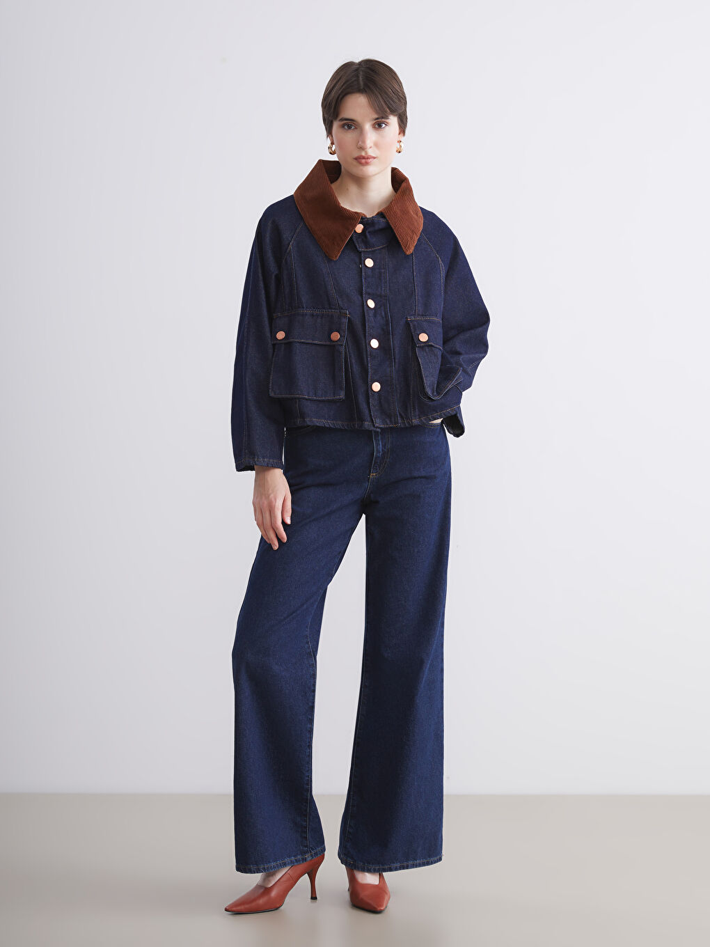İndigo Gömlek Yaka Oversize Kadın Jean Ceket-1