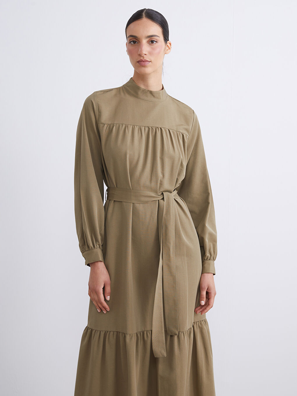 Haki Dik Yaka Poplin Elbise-1