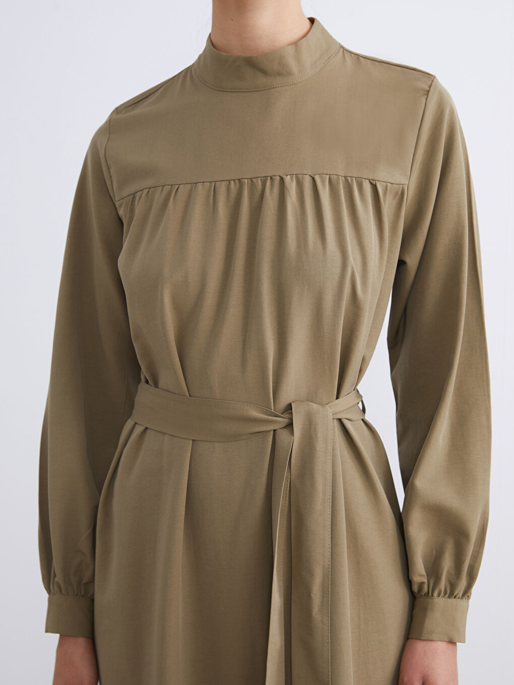 Haki Dik Yaka Poplin Elbise-2