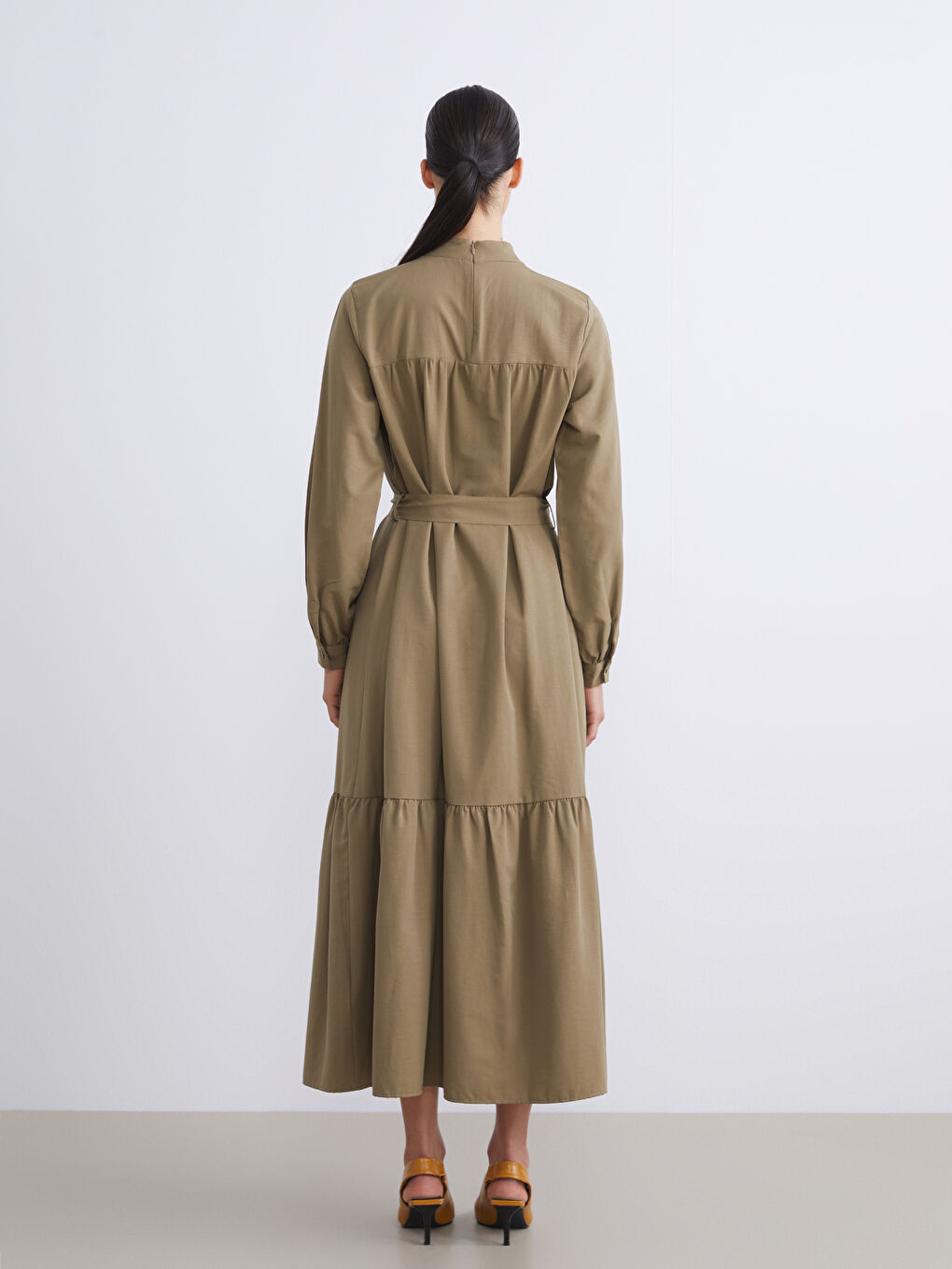 Haki Dik Yaka Poplin Elbise-3