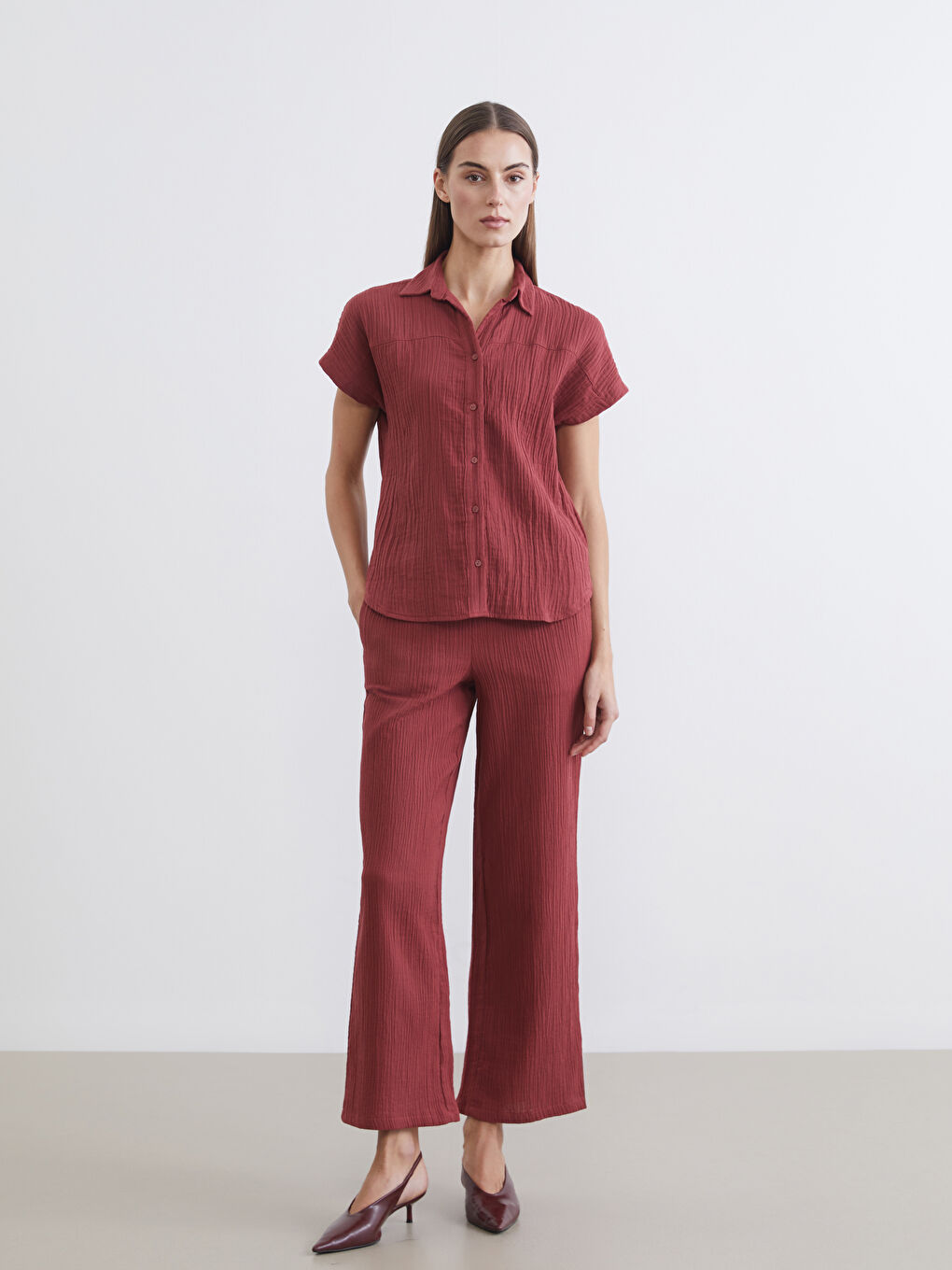 Bordo Dokulu Müslin Kadın Gömlek-2