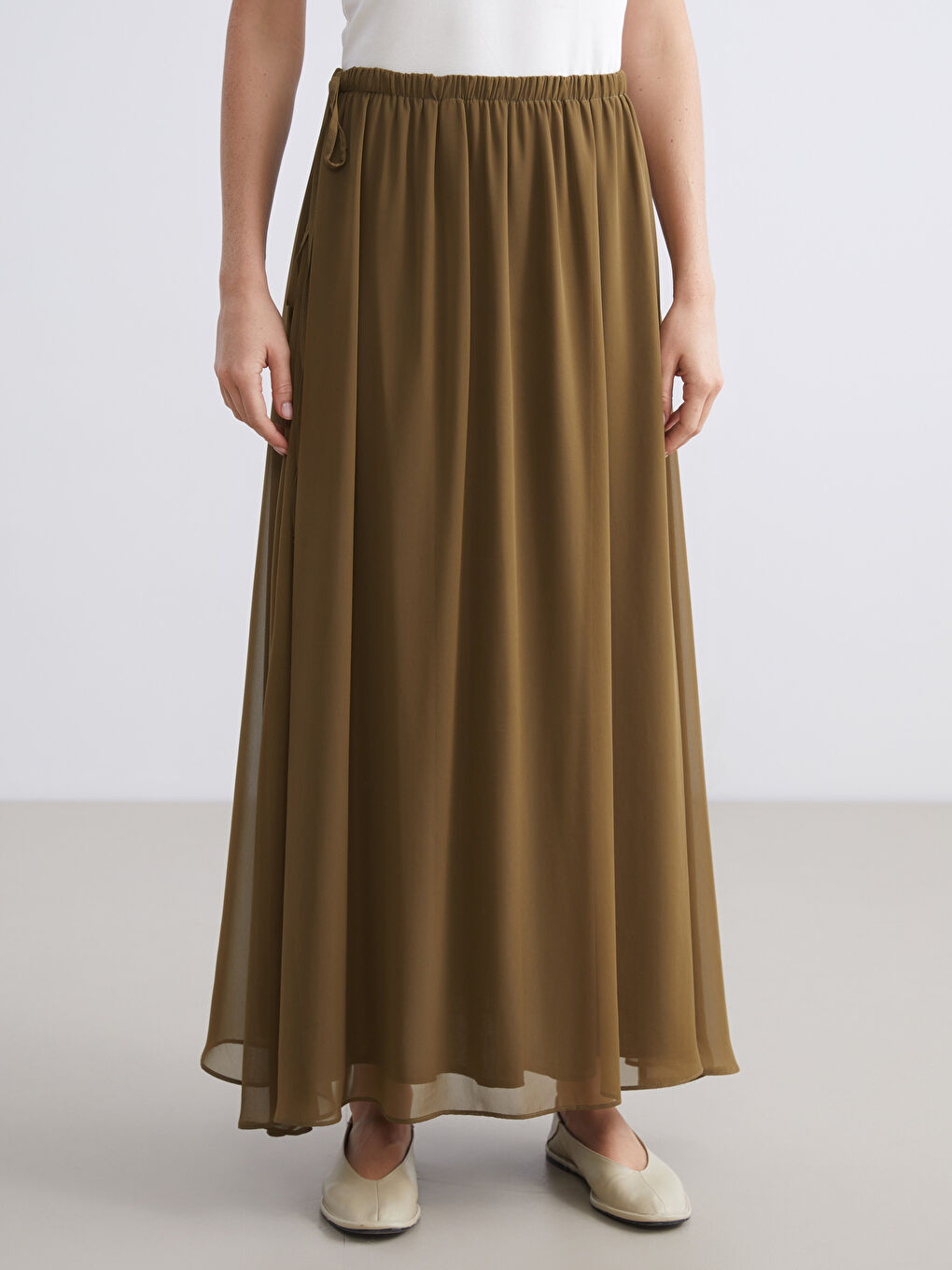 Haki Beli Lastikli Kloş Etek-1