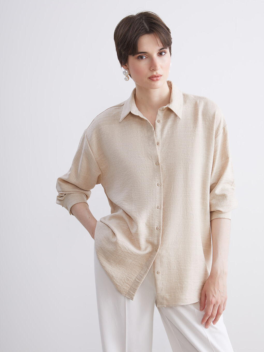 Bej Gabardin Kadın Gömlek