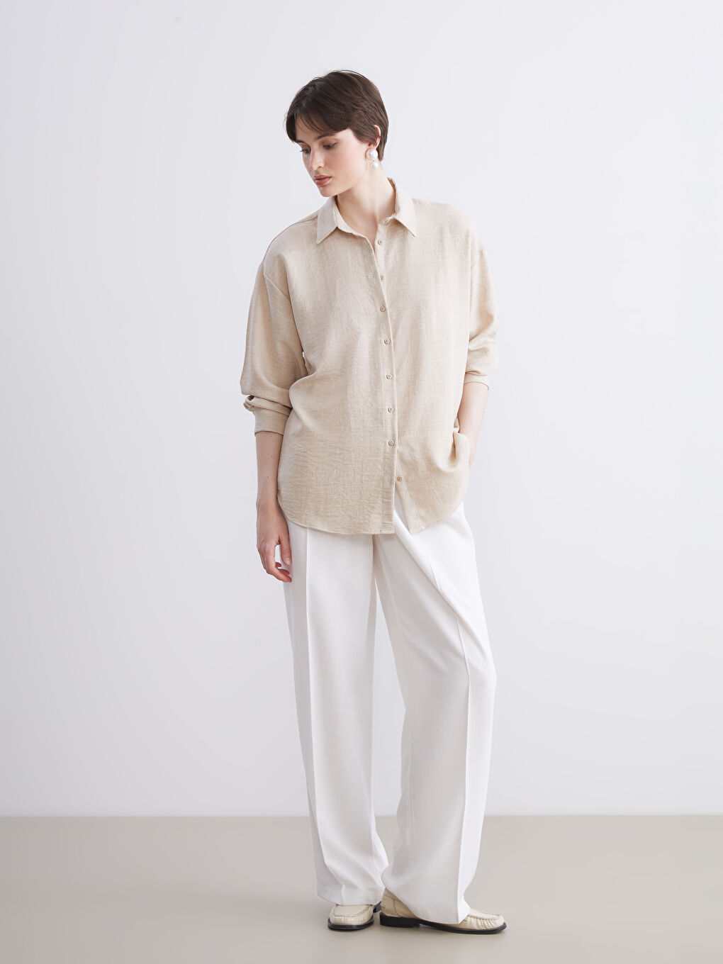 Bej Gabardin Kadın Gömlek-1