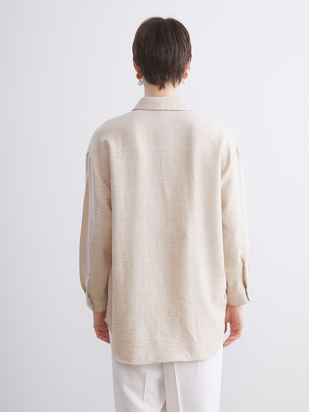Bej Gabardin Kadın Gömlek-3
