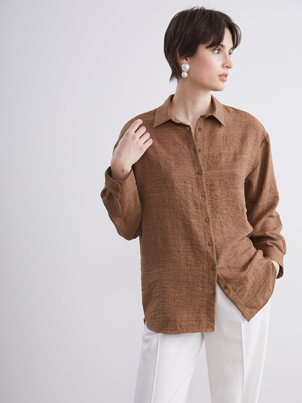 Kahverengi Gabardin Kadın Gömlek