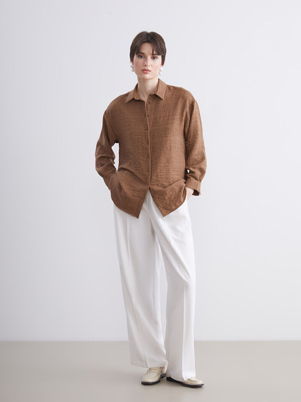 Kahverengi Gabardin Kadın Gömlek-1