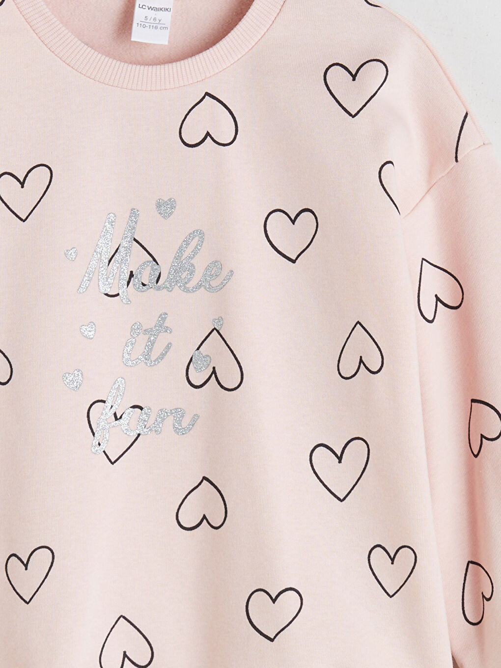 Pembe Bisiklet Yaka Kalp Baskılı Kız Çocuk Sweatshirt-2