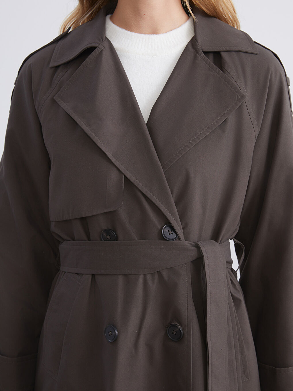 Kahverengi Ceket Yaka Kadın Trençkot-2