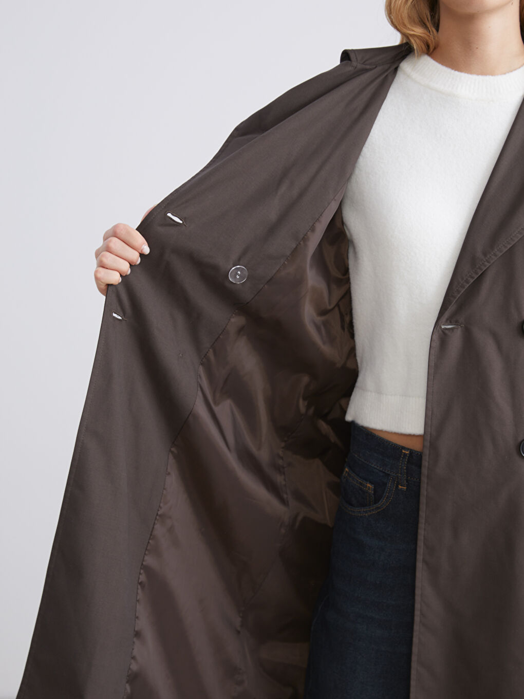 Kahverengi Ceket Yaka Kadın Trençkot-3