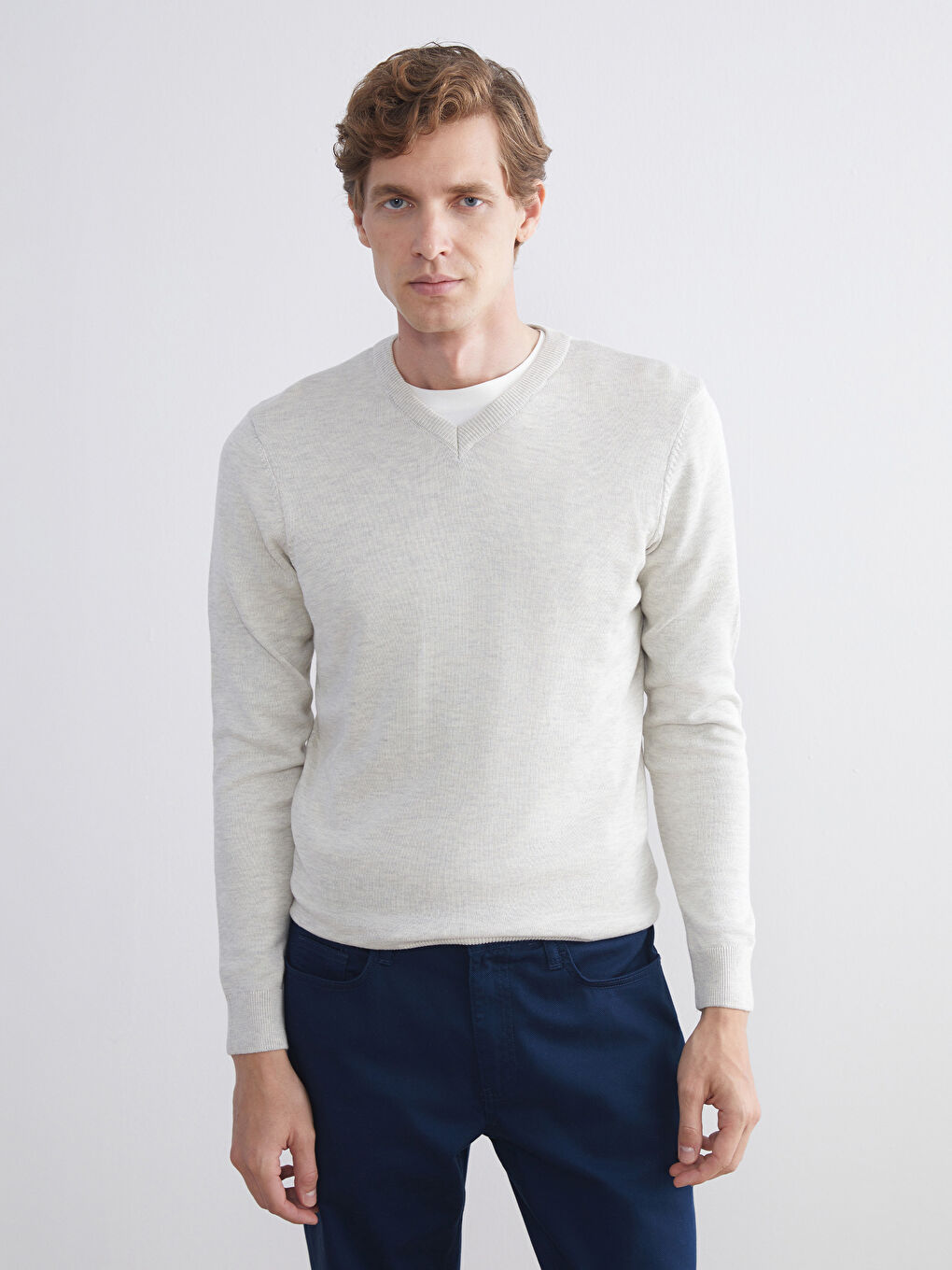 Bej V Yaka Erkek Triko Kazak