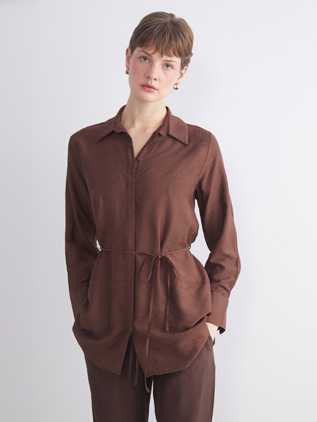 Kahverengi Nakışlı Kadın Gömlek Tunik