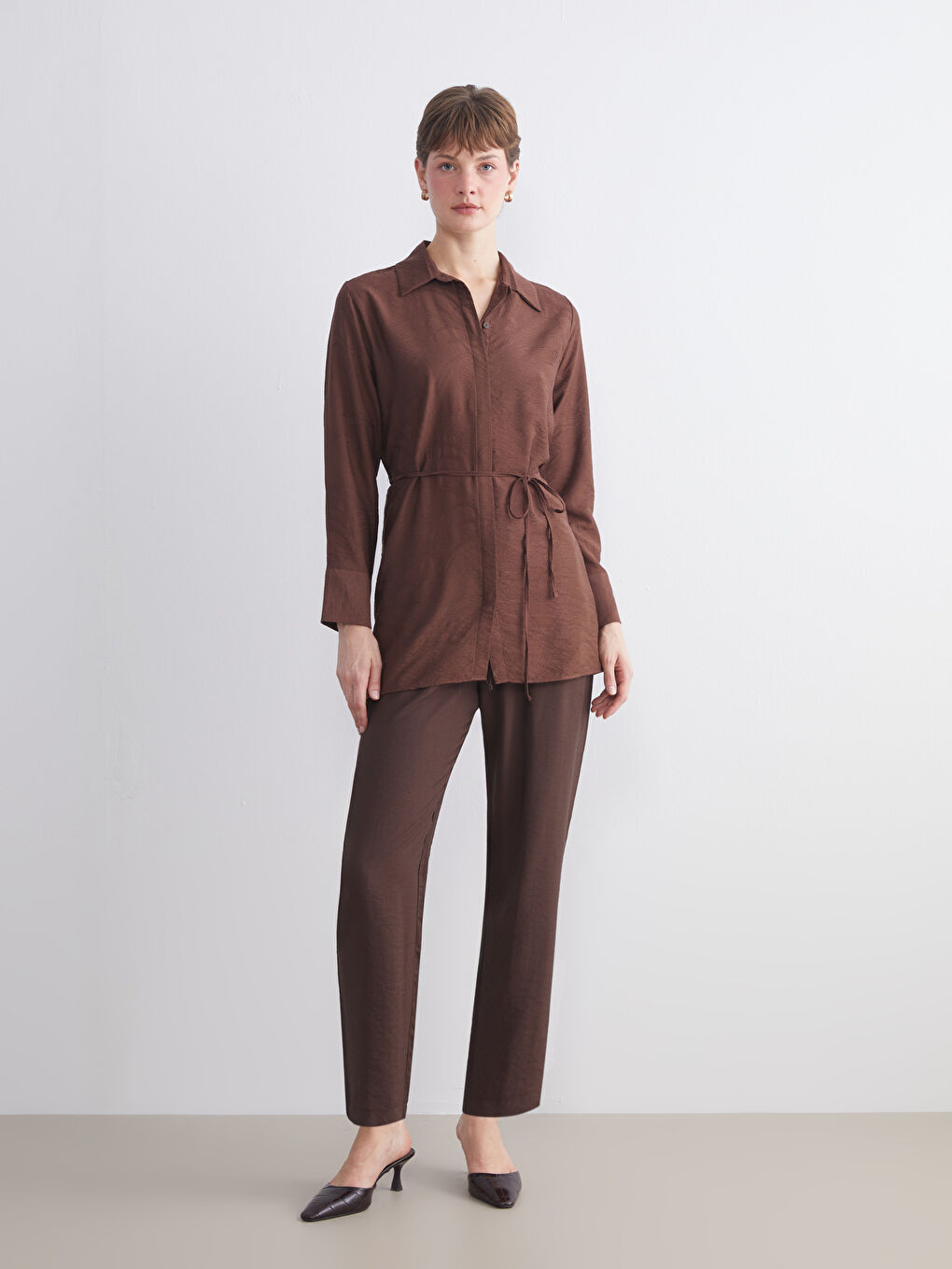 Kahverengi Nakışlı Kadın Gömlek Tunik-2