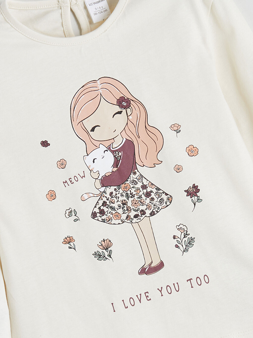 Ekru Bisiklet Yaka Baskılı Kız Çocuk Tişört-1