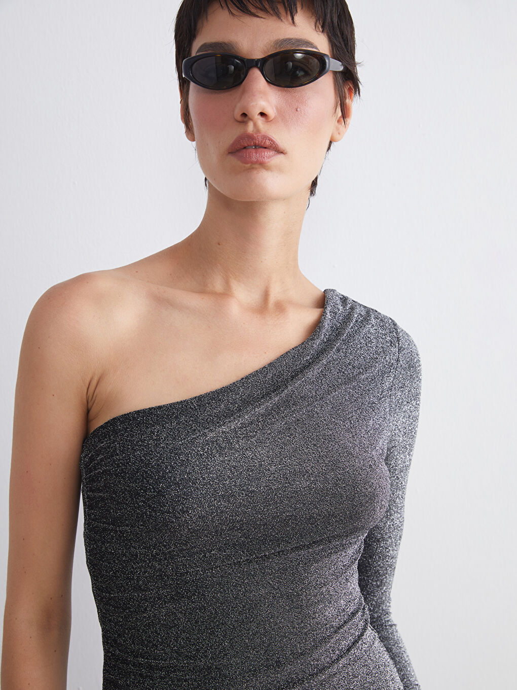 One Shoulder Shiny Look Mini Dress-2