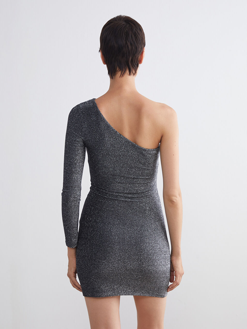 One Shoulder Shiny Look Mini Dress-3