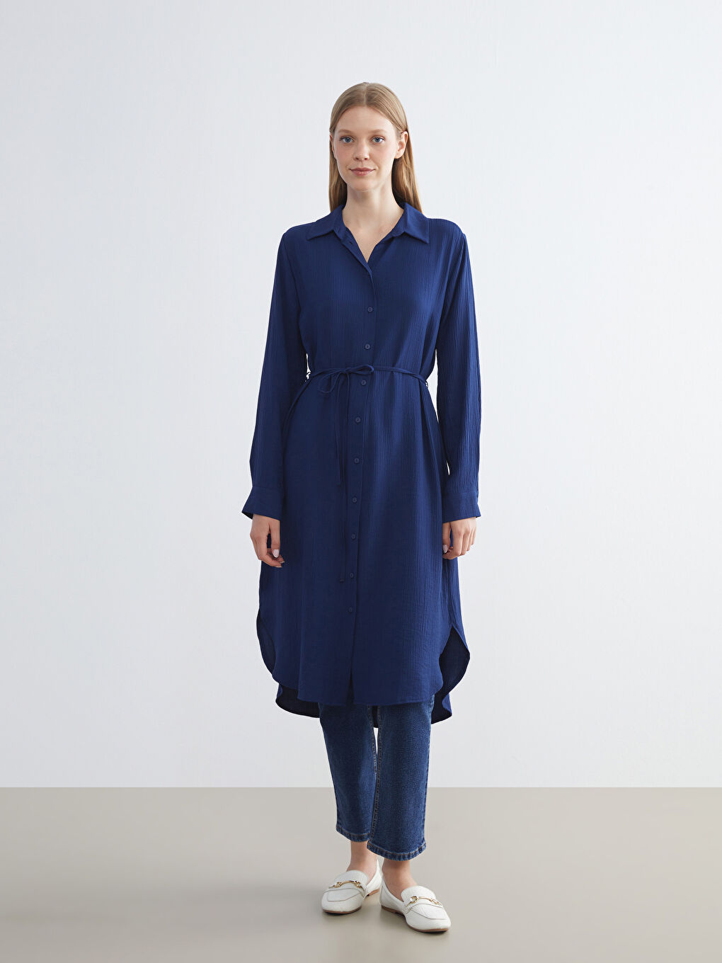 Lacivert Dokulu Oversize Kadın Gömlek Tunik-1