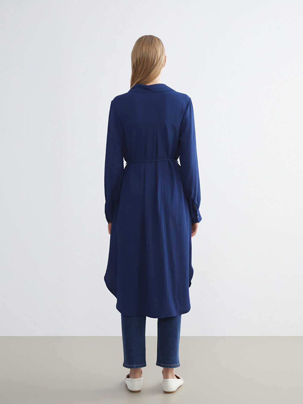 Lacivert Dokulu Oversize Kadın Gömlek Tunik-4