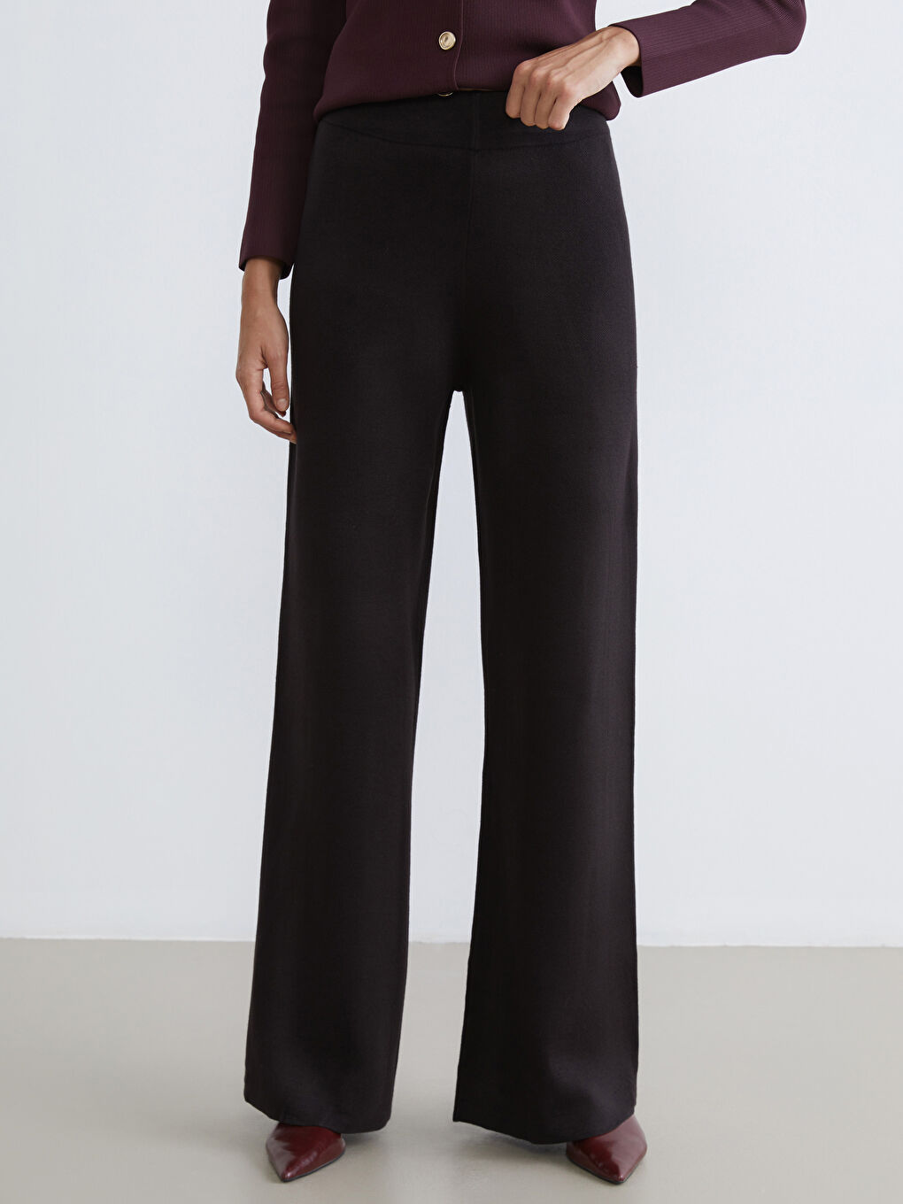 Әйелдерге арналған серпімді белдік кең балақ трикотаж шалбар-1