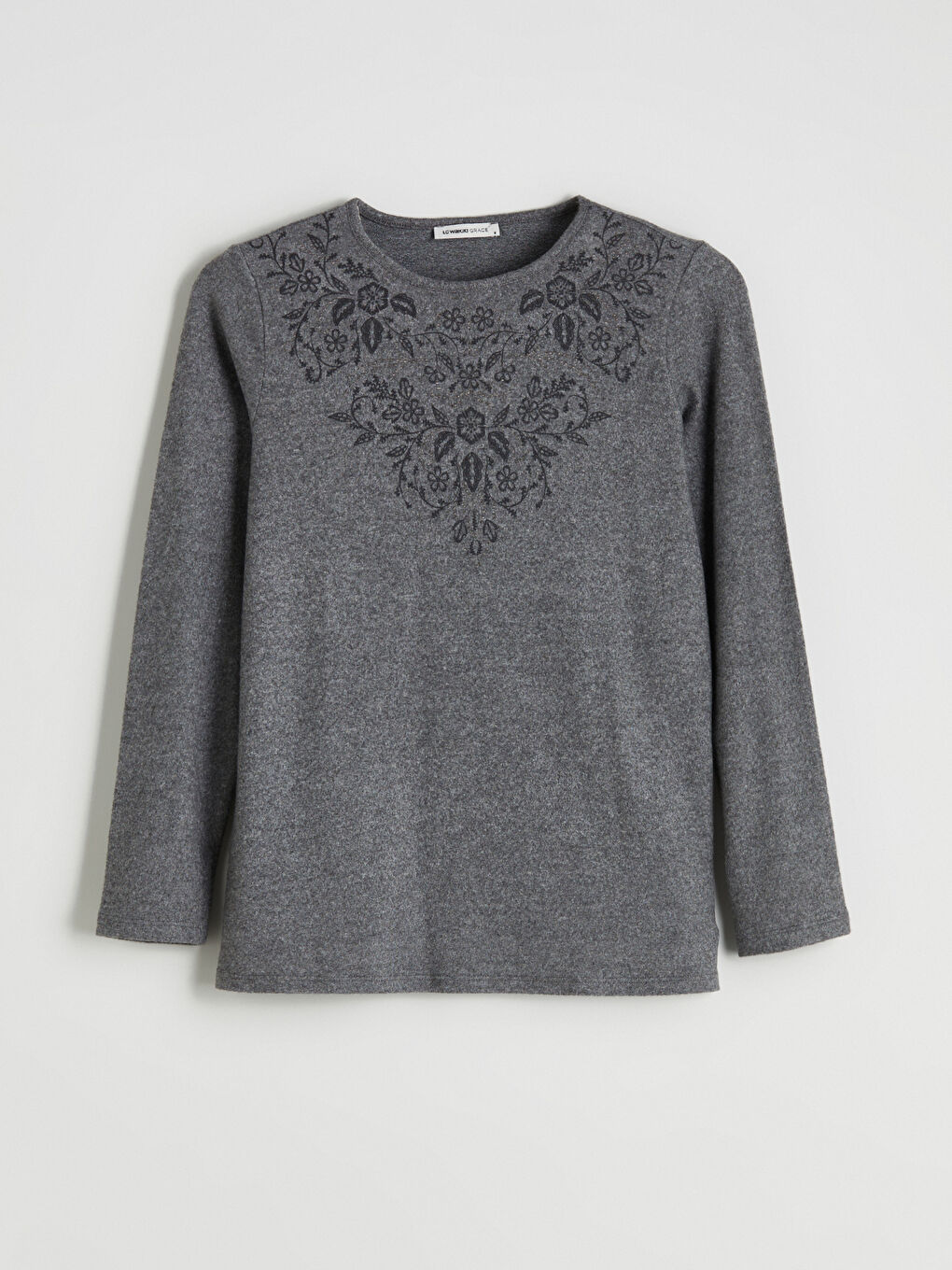 Antrasit Bisiklet Yaka Çiçek Nakışlı Bluz-4