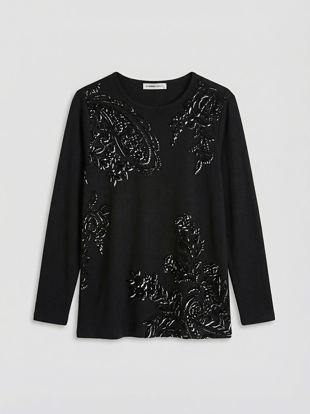 Siyah Bisiklet Yaka Desenli Kadın Tişört