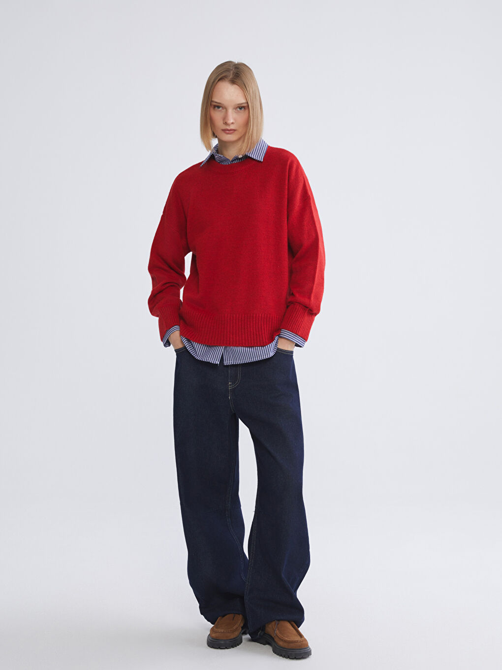 Kırmızı Bisiklet Yaka Oversize Kadın Triko Kazak-1