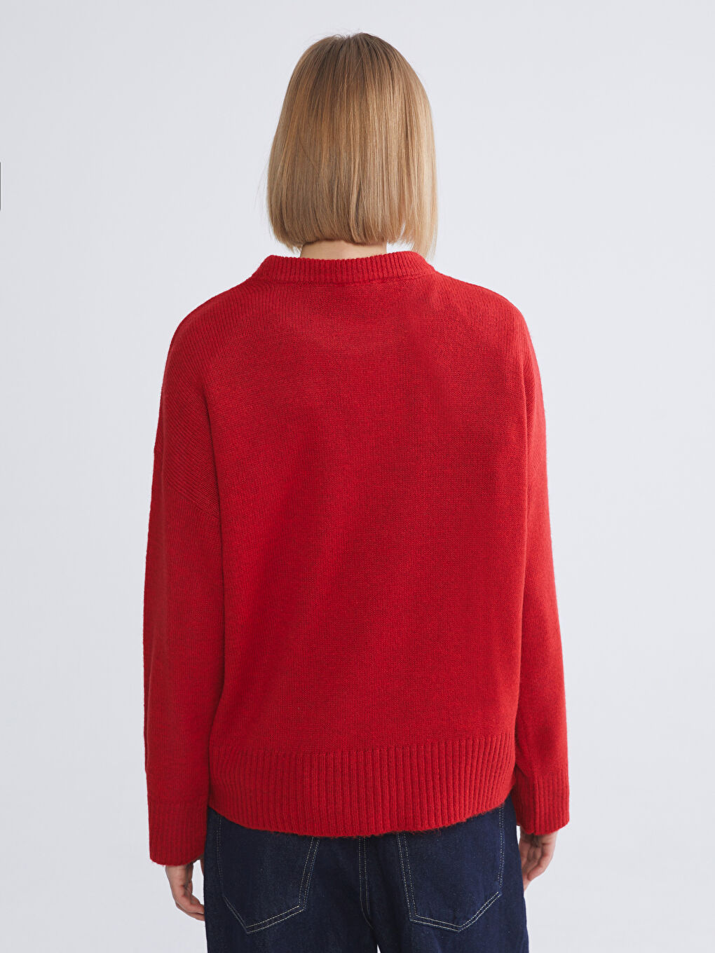 Kırmızı Bisiklet Yaka Oversize Kadın Triko Kazak-3