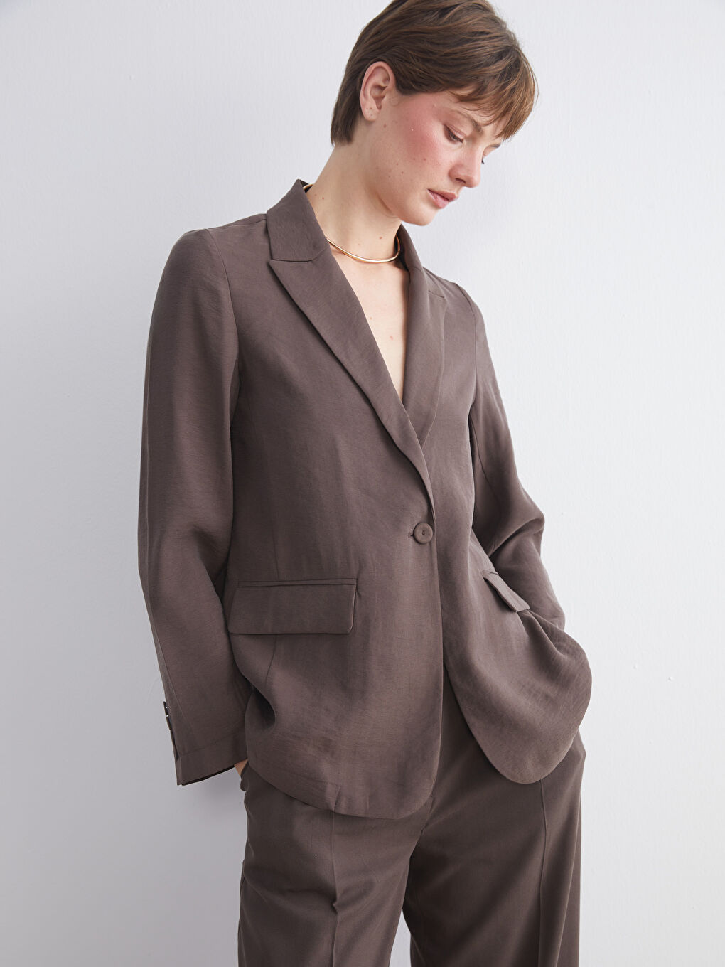 Kahverengi Modal Karışımlı Kadın Blazer Ceket