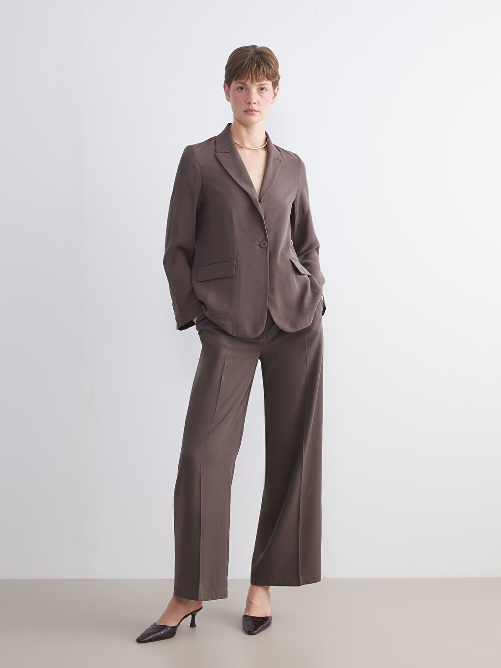 Kahverengi Modal Karışımlı Kadın Blazer Ceket-1