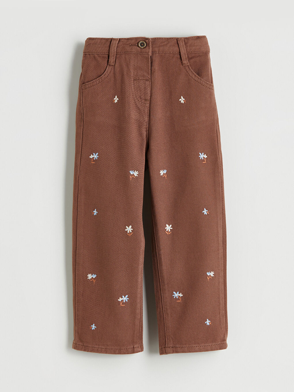 Kahverengi Beli Lastikli Çiçekli Kız Çocuk Pantolon