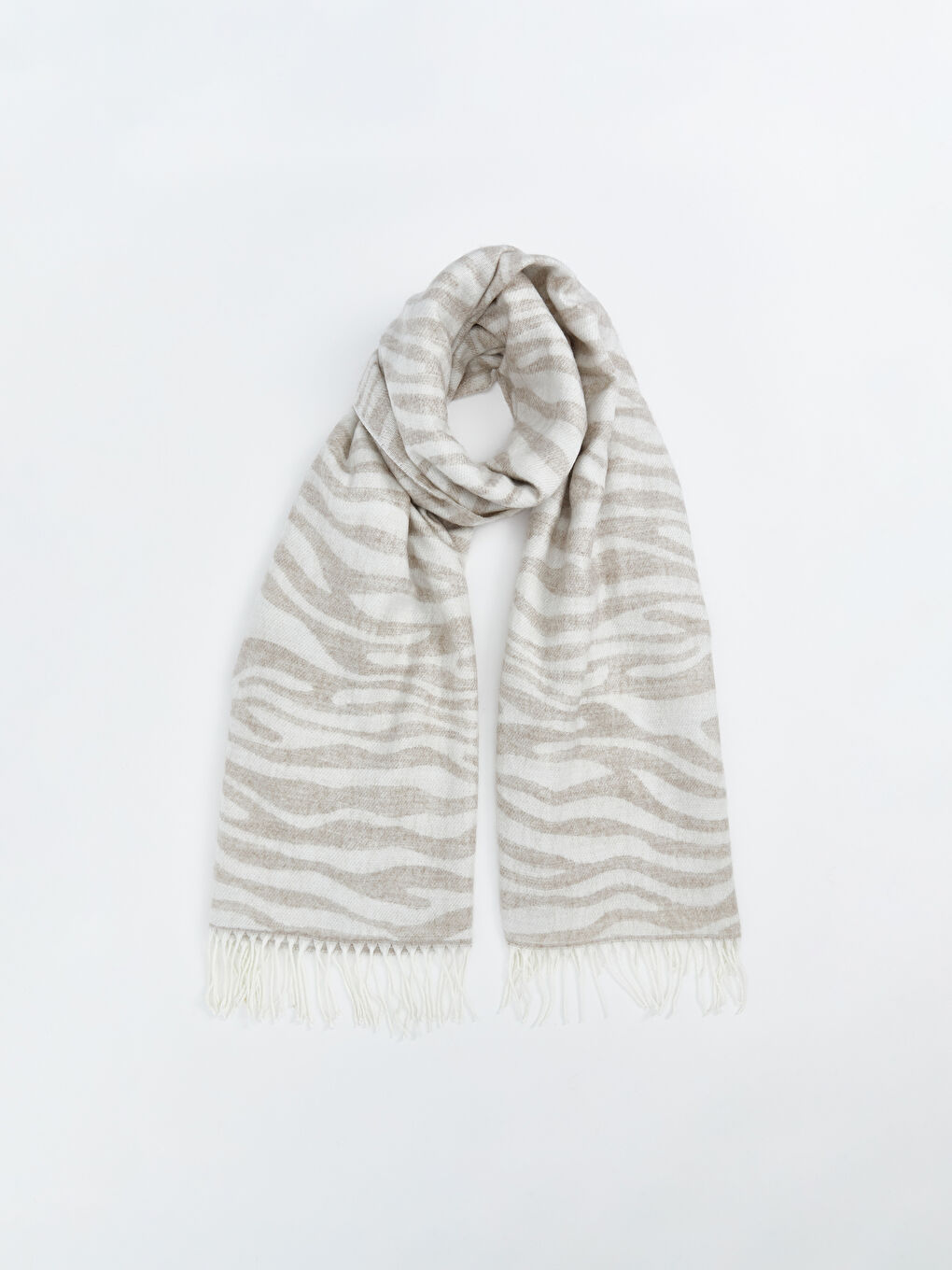 Bej Zebra Desenli Püsküllü Kadın Atkı-3