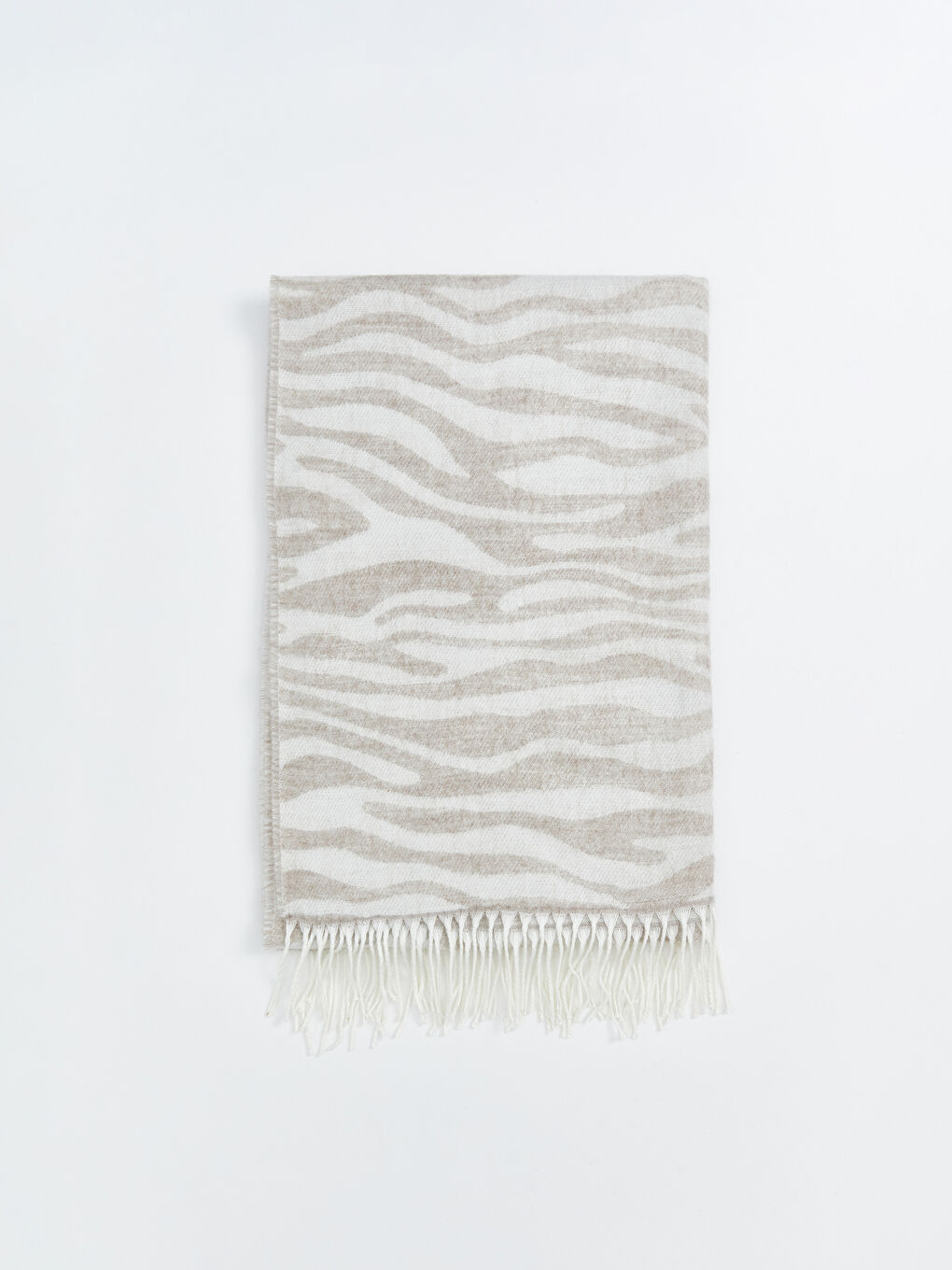 Bej Zebra Desenli Püsküllü Kadın Atkı-4