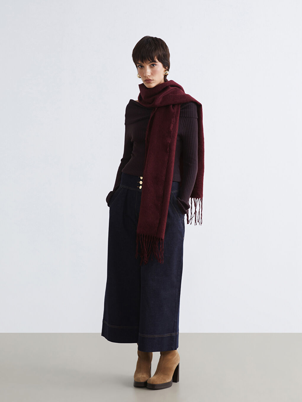 Bordo Püsküllü Kadın Atkı-1