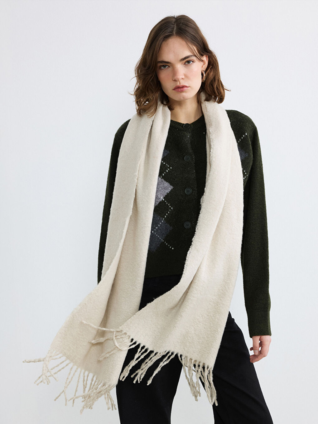 Ekru Püsküllü Kadın Atkı