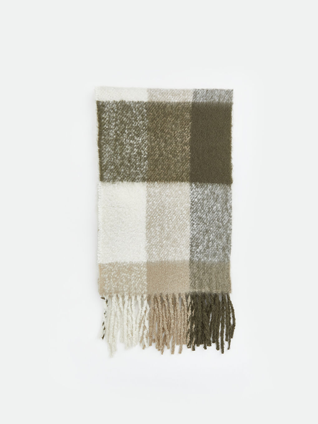 Yeşil Püskül Detaylı Ekose Desenli Kadın Atkı-1