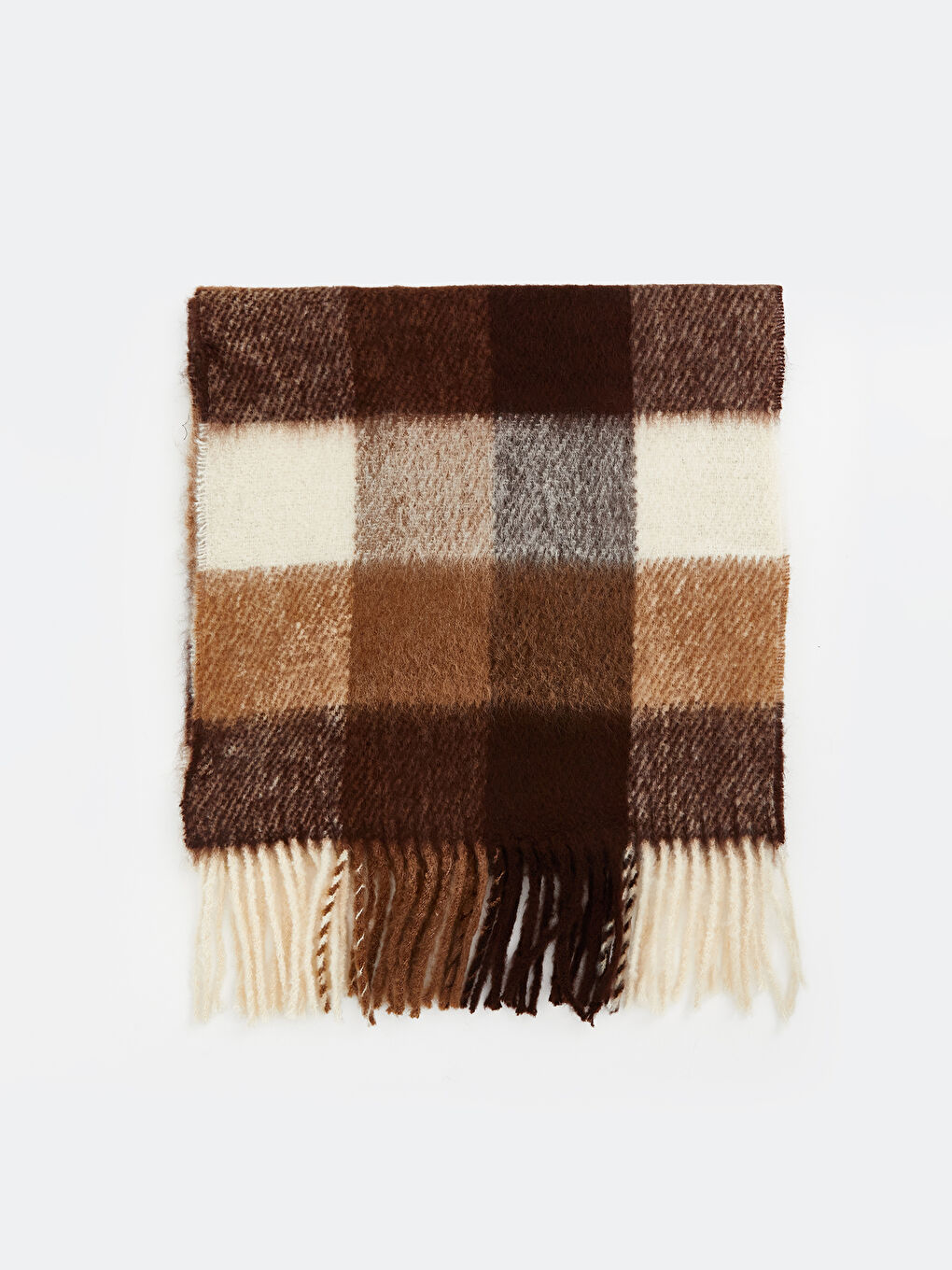 Kahverengi Saçaklı Ekose Desenli Kadın Atkı-1