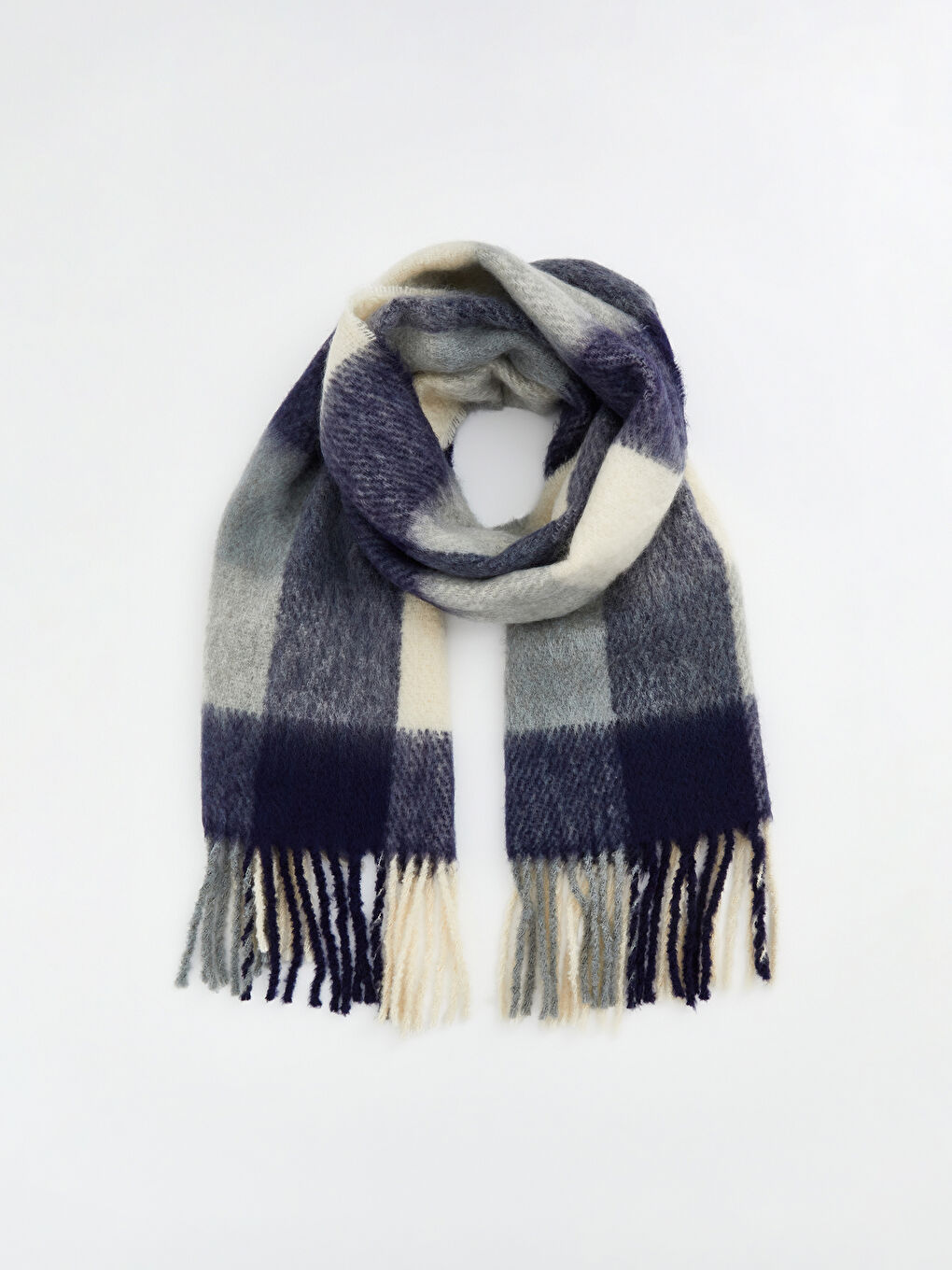 Lacivert Saçaklı Ekose Desenli Kadın Atkı