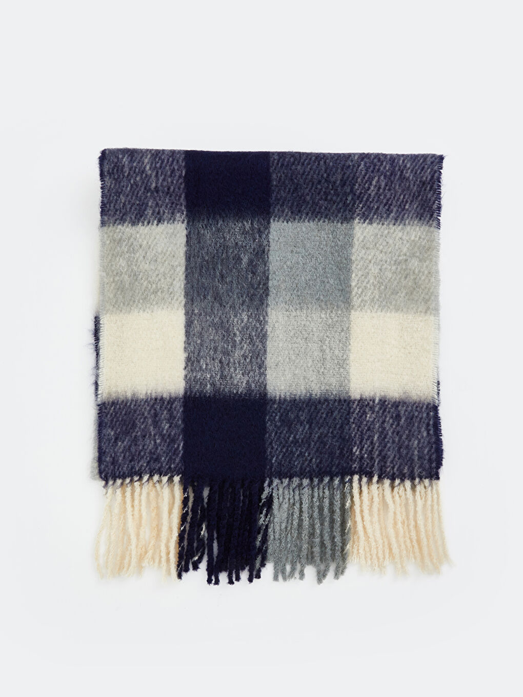 Lacivert Saçaklı Ekose Desenli Kadın Atkı-1