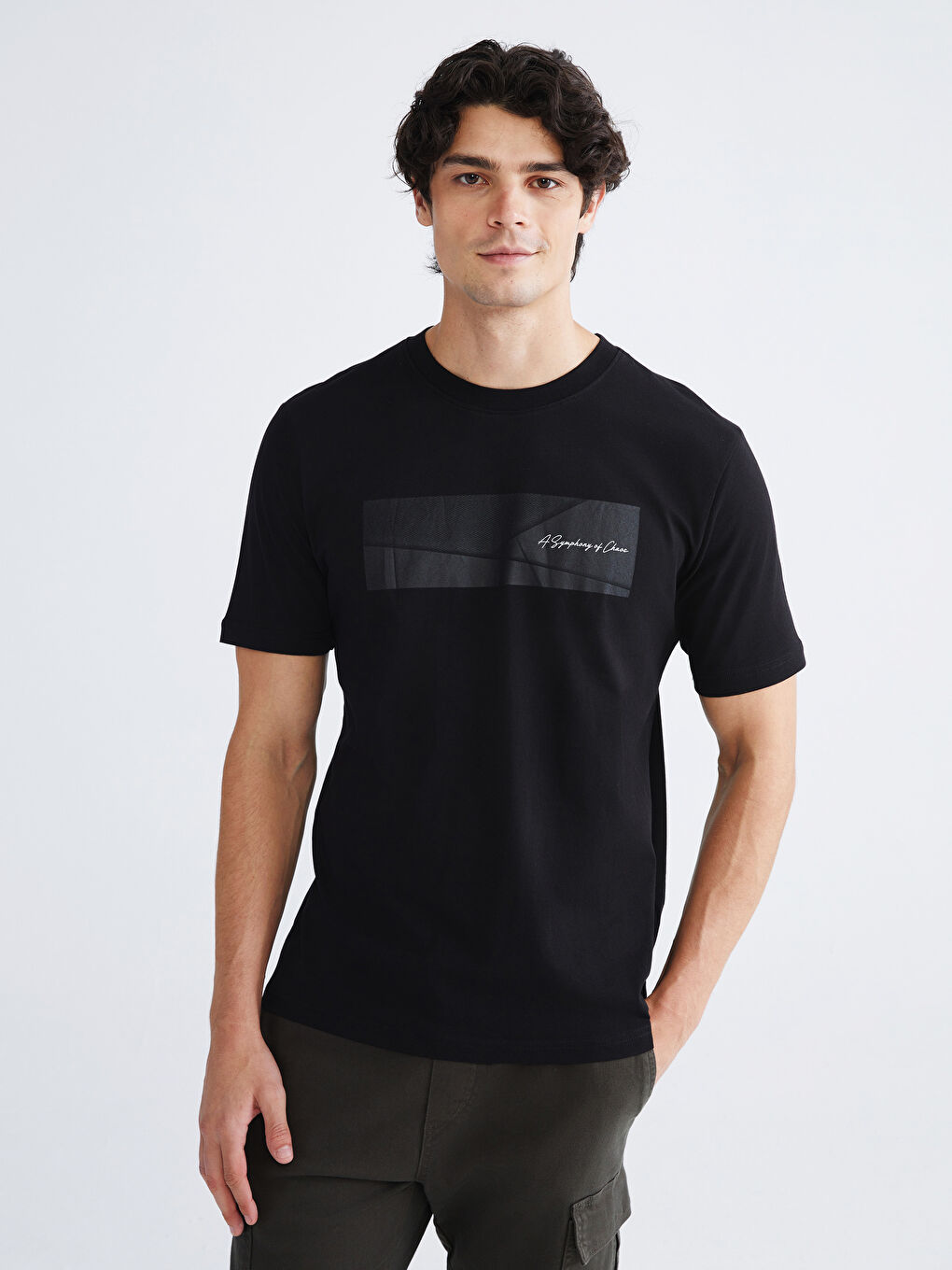 Siyah Bisiklet Yaka Baskılı Penye Erkek Tişört