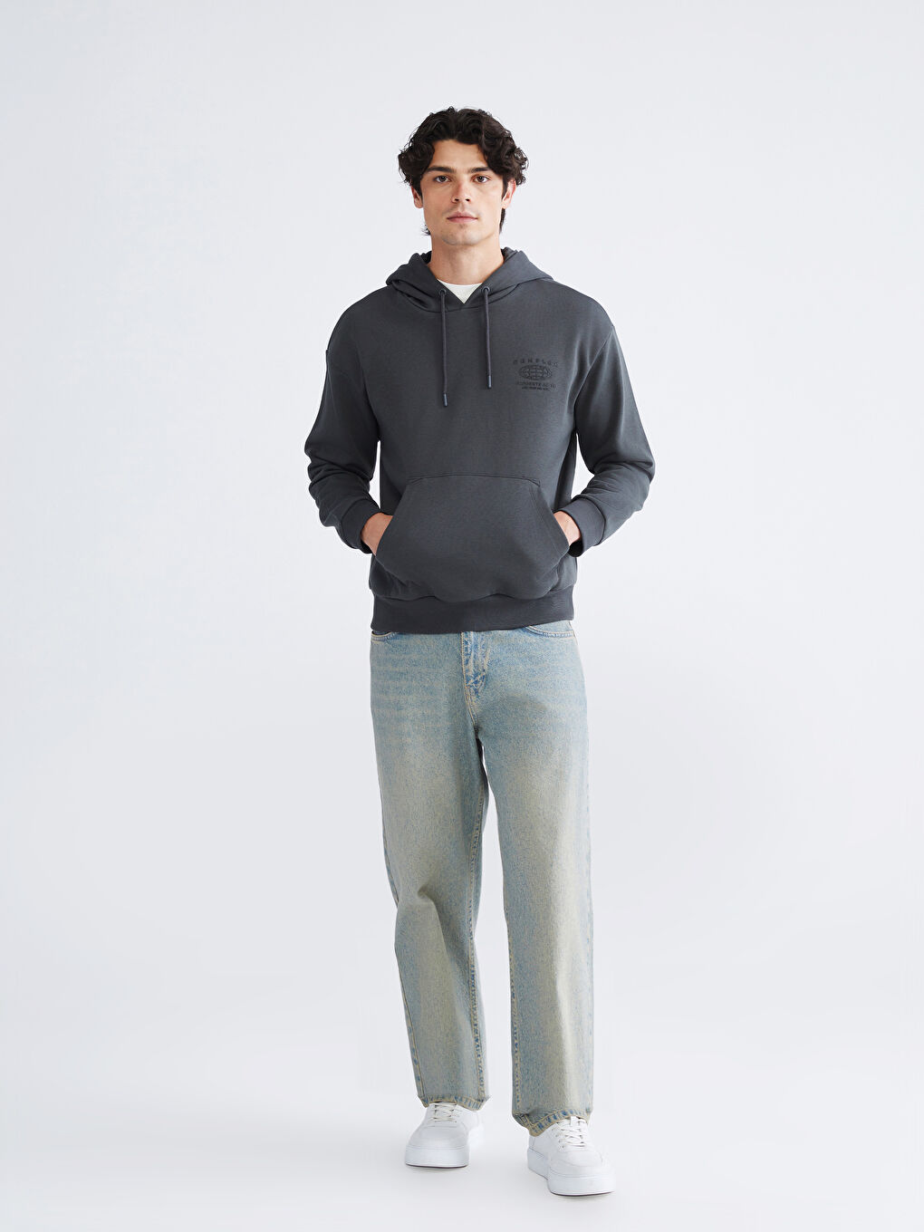 Antrasit Uzun Kollu Baskılı Erkek Hoodie-1