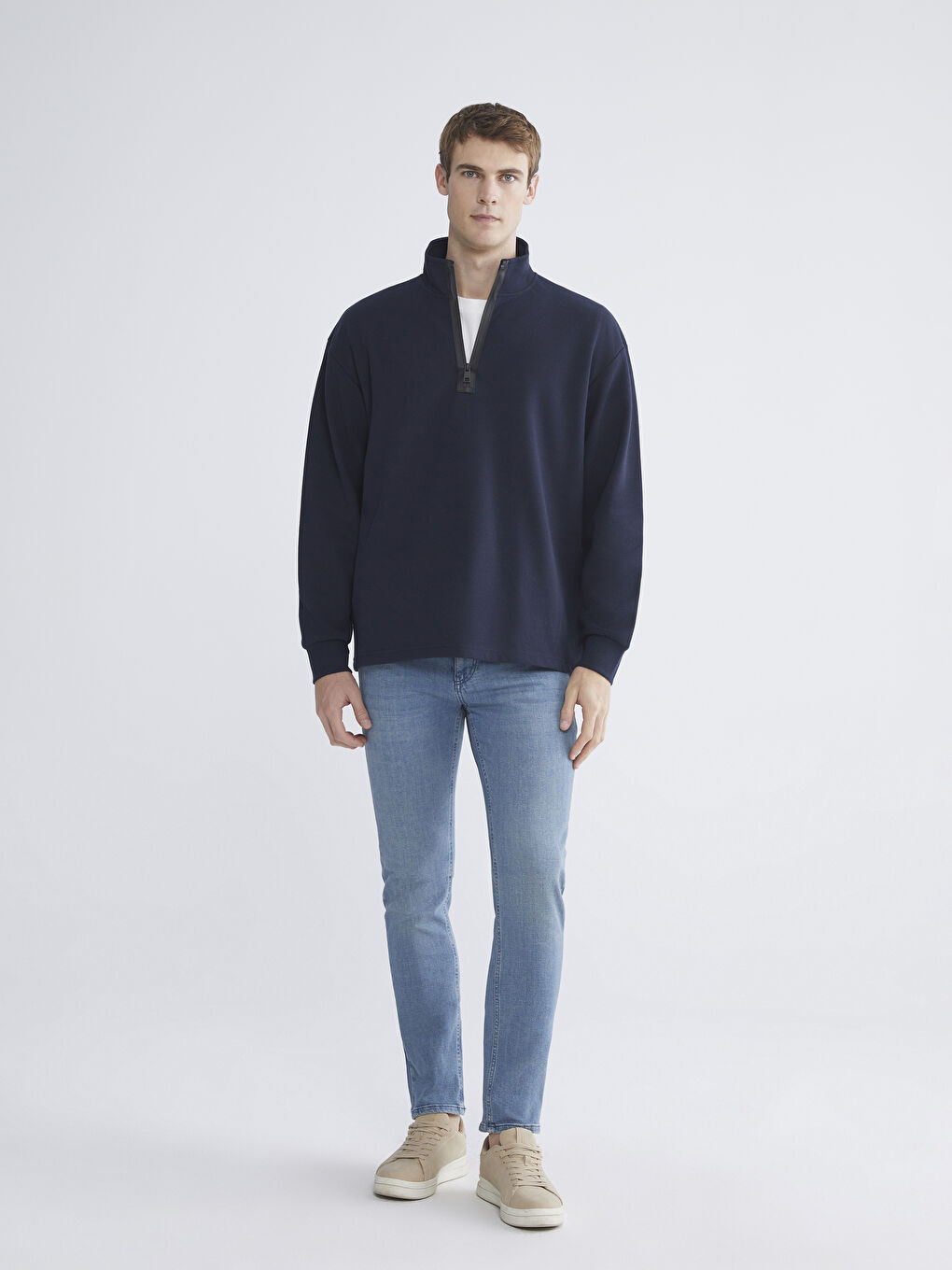 Lacivert Fermuarlı Dik Yaka Uzun Kollu Erkek Sweatshirt-1