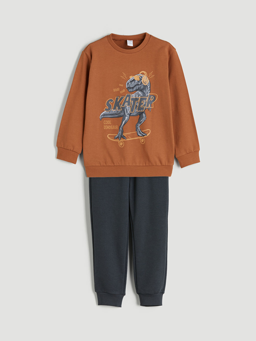 Turuncu Dinozor Baskılı Erkek Çocuk Sweatshirt ve Eşofman Alt