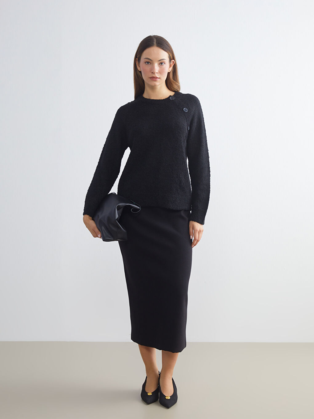 Siyah Bisiklet Yaka Kadın Triko Kazak-1