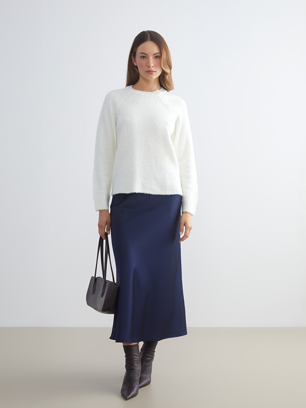 Ekru Bisiklet Yaka Kadın Triko Kazak-1