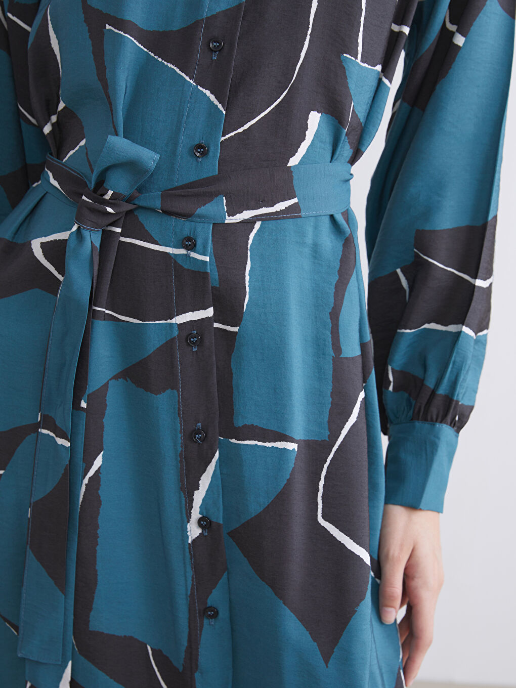 Petrol Modal Karışımlı Desenli Gömlek Elbise-3