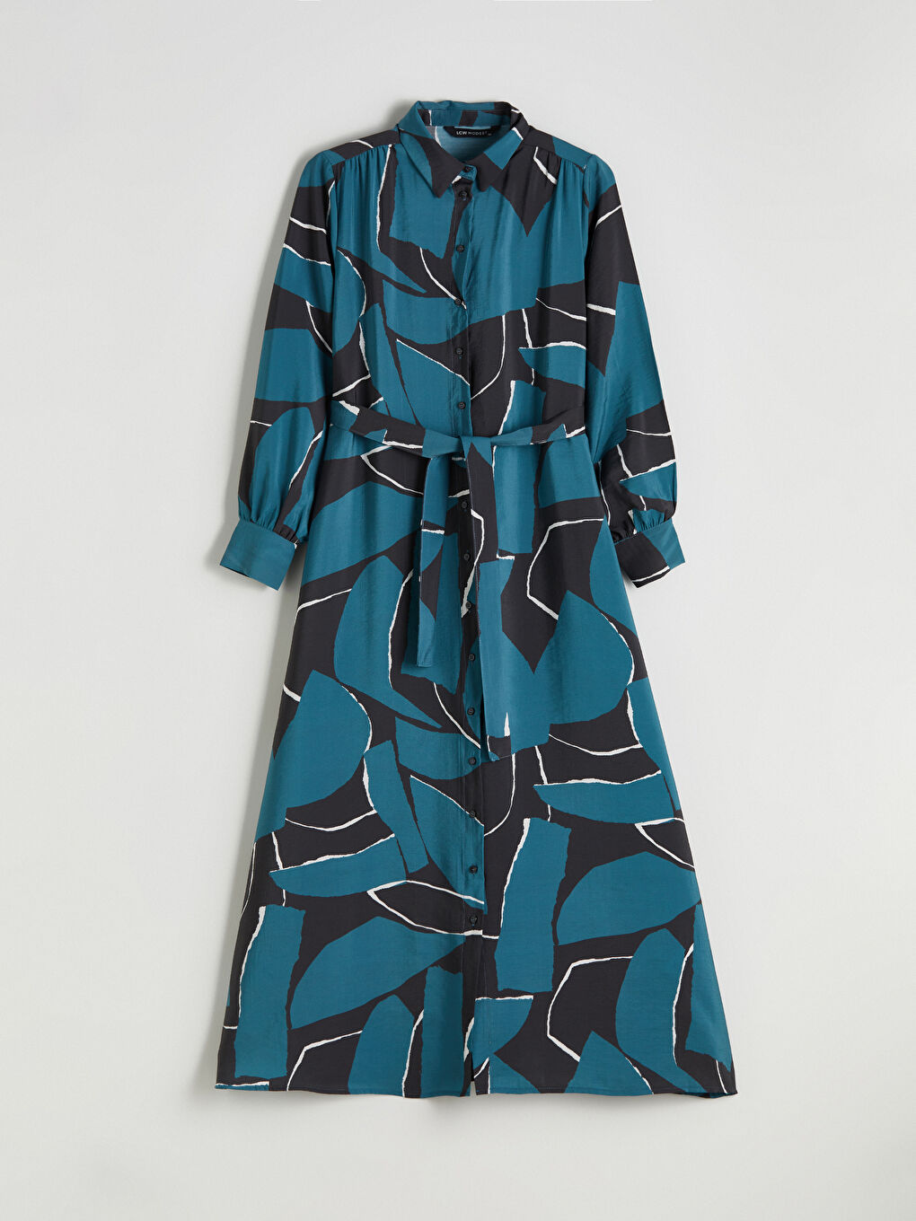 Petrol Modal Karışımlı Desenli Gömlek Elbise-5