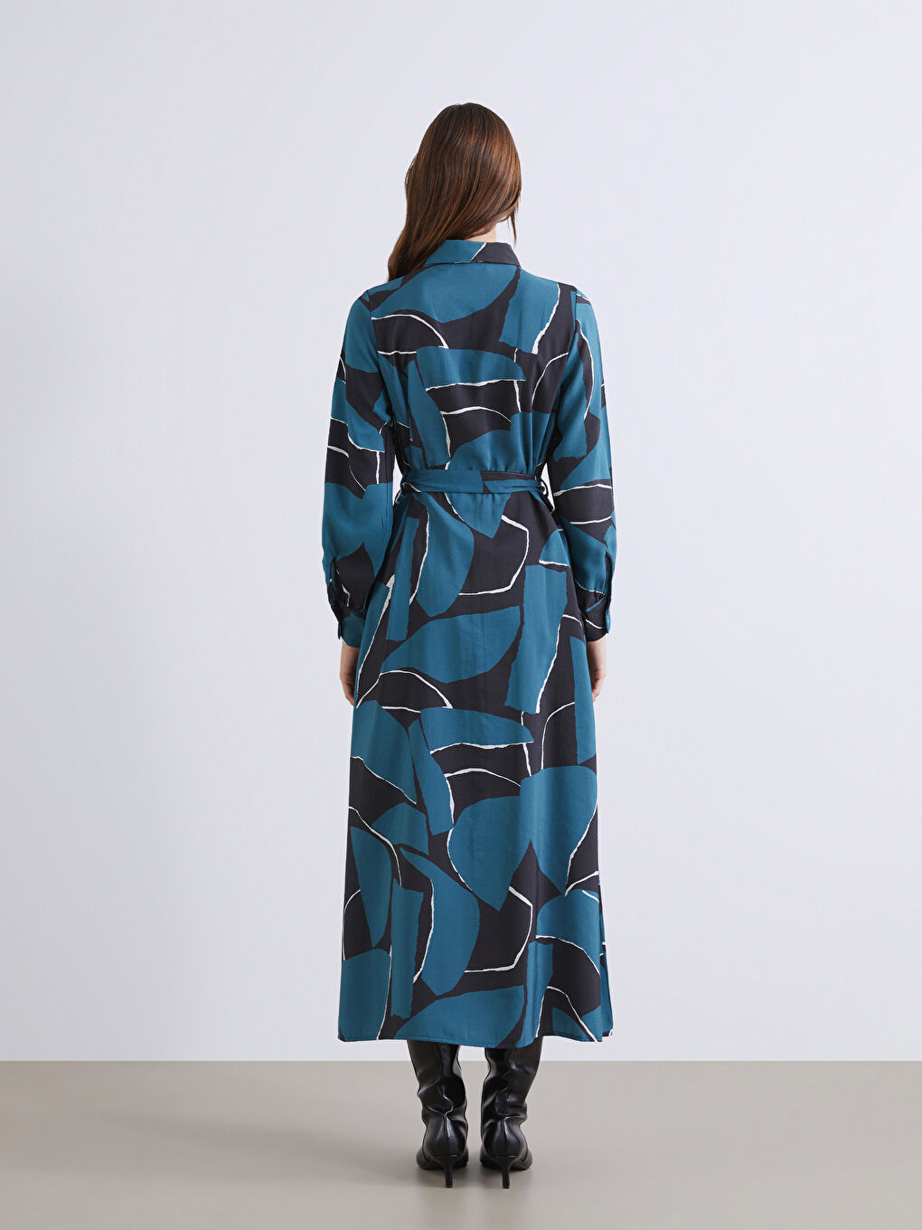 Petrol Modal Karışımlı Desenli Gömlek Elbise-4