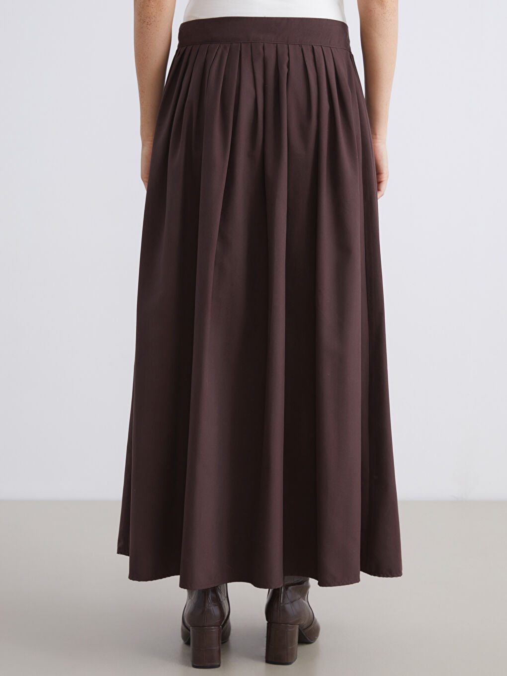 Kahverengi Beli Fermuarlı Pileli Kloş Etek-3