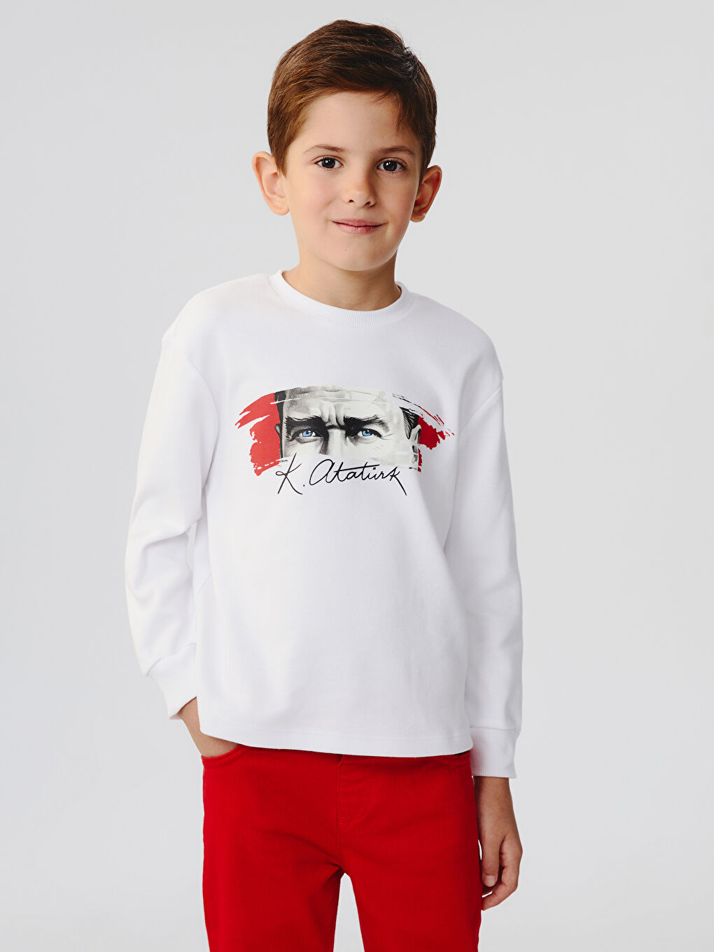 Beyaz Bisiklet Yaka Baskılı Uzun Kollu Erkek Çocuk Tişört-2