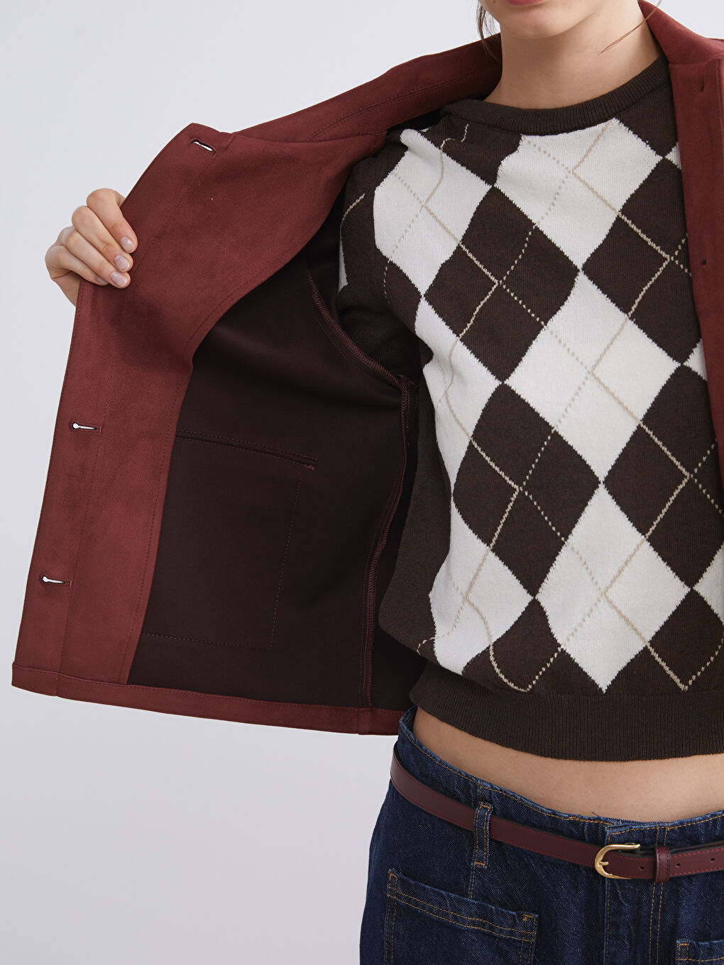 Collared Neck Women's Faux Suede Jacket-2